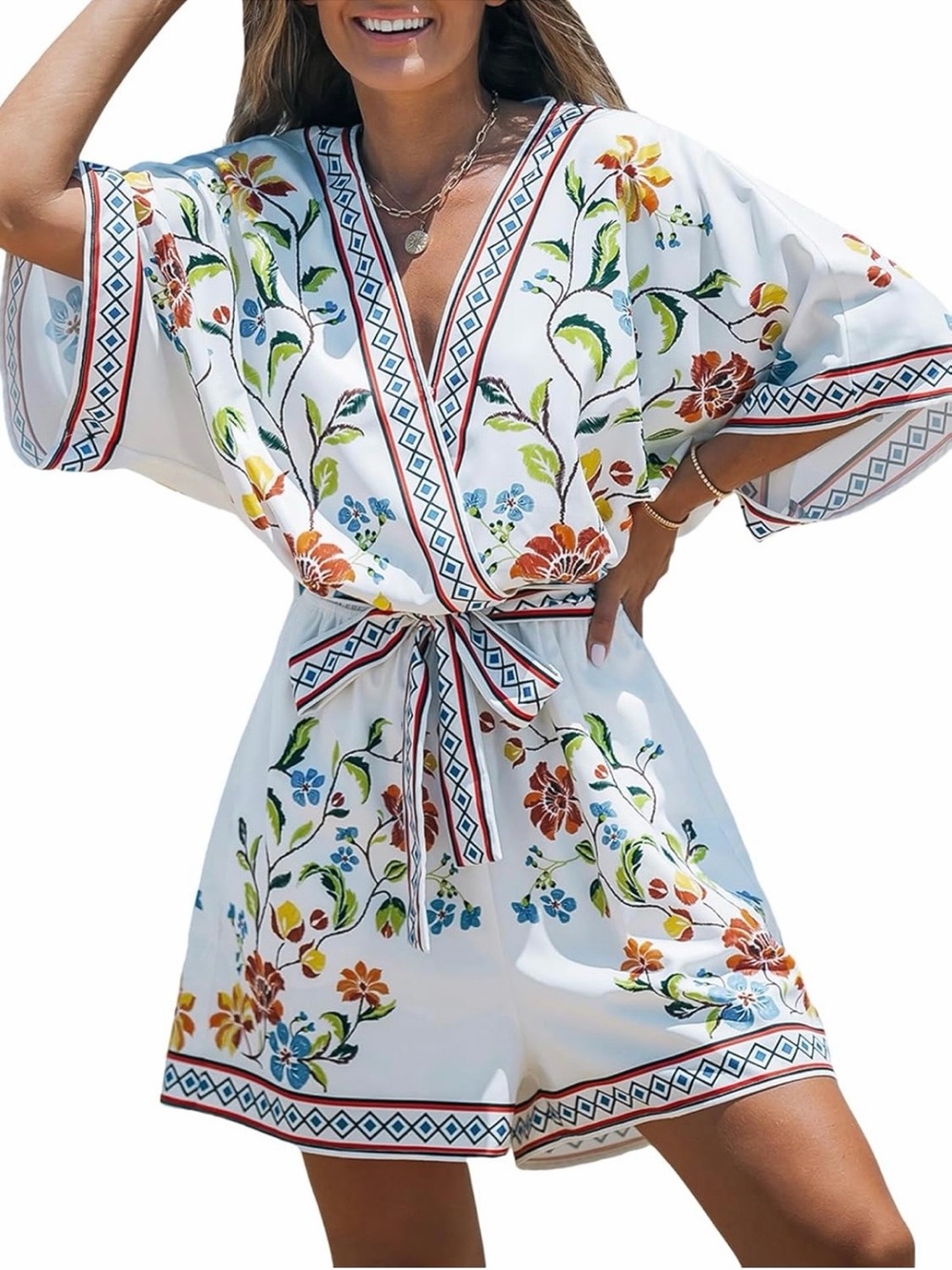Cupshe White Floral V-Neck Belted Romper - NWT - size Large